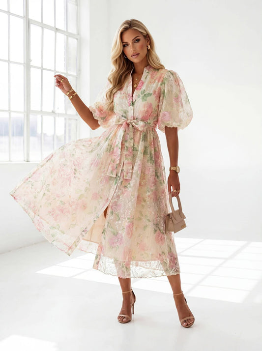 Xelda Flower lux dress beige  - W52673