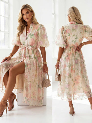 Xelda Flower lux dress beige  - W52673