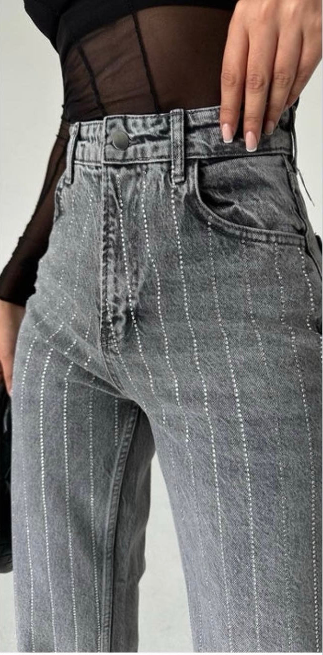 PCSIFFI HW RHINESTONE DENIM JEANS Grey