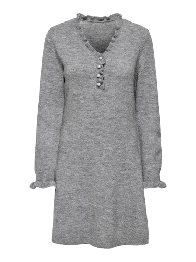 JDYLETTY L/S V-NECK FRILL DRESS KNT Light Grey Melange