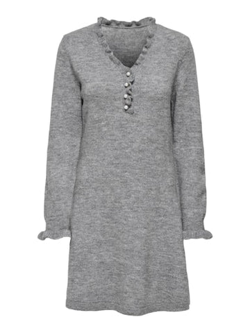 JDYLETTY L/S V-NECK FRILL DRESS KNT Light Grey Melange
