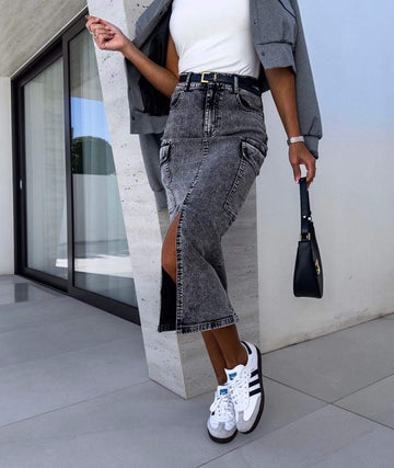 Quinten cargo denim skirt grey 7296 556